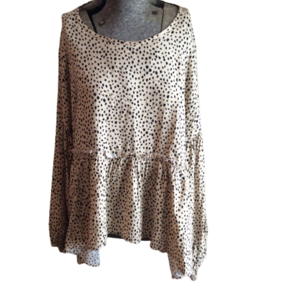 Peach Love large tan animal print rayon peplum long sleeve blouse